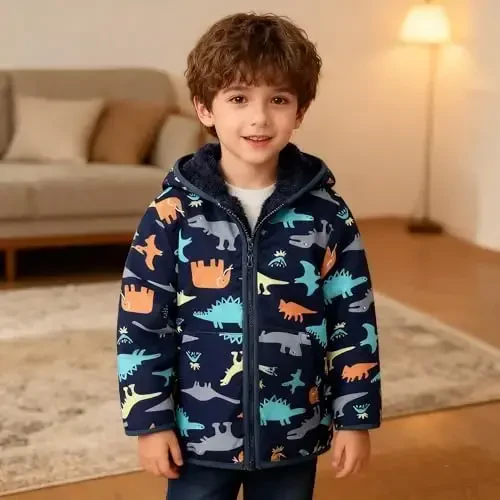 Feidoog Toddler Fleece Kurtka Chaqaloq O'g'il Qizlar Kapüşonlu Fermuar Uzoq Qisma Qalin Issiq Ustki Kiyim - 3