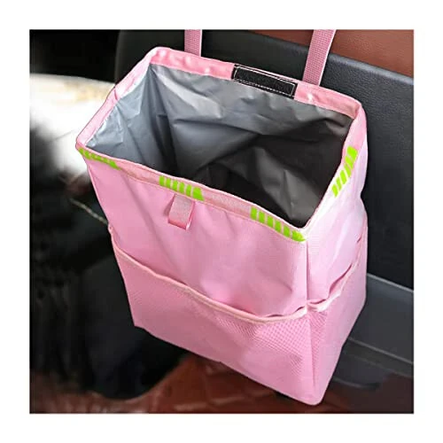 Fekey&JF Hanging Car Trash Can with Storage Pockets, Waterproof Leakproof Oxford Auto Garbage Bag, Multi-Use Organizer for Outdoor Traveling, Foldable Trash Bin for Truck, SUV, Home, Office (Pink) 