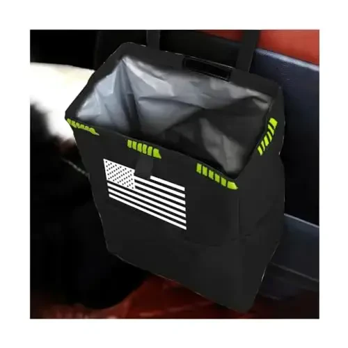 Fekey&JF Hanging Car Trash Can with Storage Pockets, Waterproof Leakproof Oxford Auto Garbage Bag, Multi-Use Organizer for Outdoor Traveling, Foldable Trash Bin for Truck, SUV, Home (Black-Black) 
