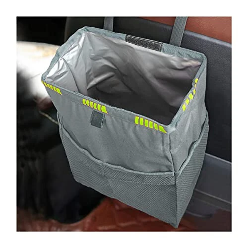 Fekey&JF Hanging Car Trash Can with Storage Pockets, Waterproof Leakproof Oxford Auto Garbage Bag, Multi-Use Organizer for Outdoor Traveling, Foldable Trash Bin for Truck, SUV, Home, Office (Gray) 