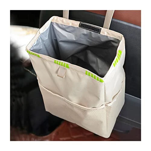Fekey&JF Hanging Car Trash Can with Storage Pockets, Waterproof Leakproof Oxford Auto Garbage Bag, Multi-Use Organizer for Outdoor Traveling, Foldable Trash Bin for Truck, SUV, Home, Office (Beige) 