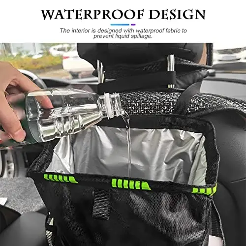 Fekey&JF Hanging Car Trash Can with Storage Pockets, Waterproof Leakproof Oxford Auto Garbage Bag, Multi-Use Organizer for Outdoor Traveling, Foldable Trash Bin for Truck, SUV, Car (Green) - 5