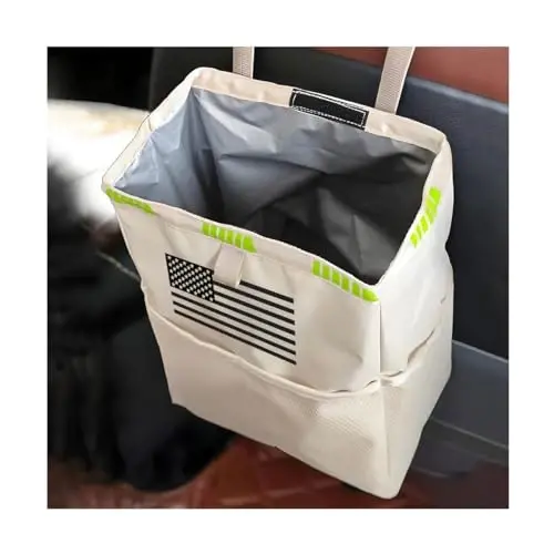 Fekey&JF Hanging Car Trash Can with Storage Pockets, Waterproof Leakproof Oxford Auto Garbage Bag, Multi-Use Organizer for Outdoor Traveling, Foldable Trash Bin for Truck, SUV, Home (Beige-Black) - 1
