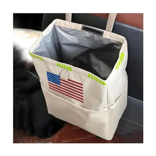 Fekey&JF Hanging Car Trash Can with Storage Pockets, Waterproof Leakproof Oxford Auto Garbage Bag, Multi-Use Organizer for Outdoor Traveling, Foldable Trash Bin for Truck, SUV, Home (Beige-Color) 