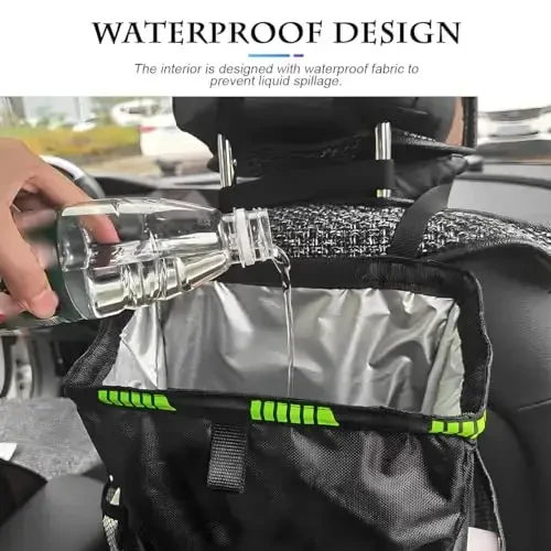 Fekey&JF Hanging Car Trash Can with Storage Pockets, Waterproof Leakproof Oxford Auto Garbage Bag, Multi-Use Organizer for Outdoor Traveling, Foldable Trash Bin for Truck, SUV, Home (Black-Black) - 5