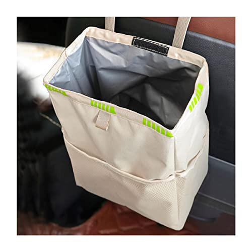 Fekey&JF Hanging Car Trash Can with Storage Pockets, Waterproof Leakproof Oxford Auto Garbage Bag, Multi-Use Organizer for Outdoor Traveling, Foldable Trash Bin for Truck, SUV, Home, Office (Beige) - FEKEY&JF