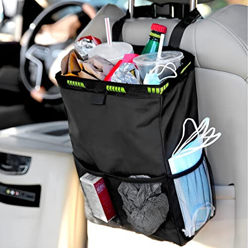 Fekey&JF Hanging Car Trash Can with Storage Pockets, Waterproof Leakproof Oxford Auto Garbage Bag, Multi-Use Organizer for Outdoor Traveling, Foldable Trash Bin for Truck, SUV, Home, Office (Beige) - 5