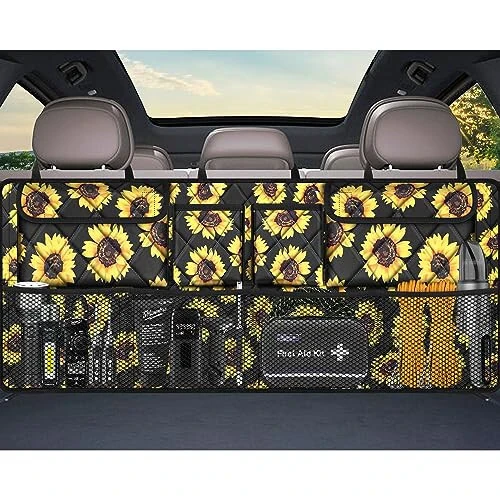 Femuar Car Trunk Organizer,Large Capacity Backseat Organizer(42 in*18 in),Collapsible Storage Bag with 8 Pocekt,Car Organizer for SUV/MPV/Truck - Sunflower TLAG-0114 