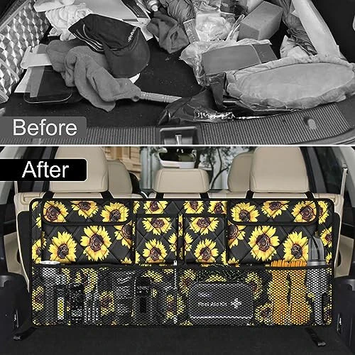 Femuar Car Trunk Organizer,Large Capacity Backseat Organizer(42 in*18 in),Collapsible Storage Bag with 8 Pocekt,Car Organizer for SUV/MPV/Truck - Sunflower TLAG-0114 - 6