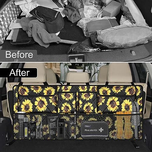 Femuar Car Trunk Organizer,Large Capacity Backseat Organizer(42 in*18 in),Collapsible Storage Bag with 8 Pocekt,Car Organizer for SUV/MPV/Truck - Sunflower TLAG-0114 - 6