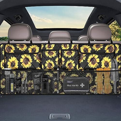 Femuar Car Trunk Organizer,Large Capacity Backseat Organizer(42 in*18 in),Collapsible Storage Bag with 8 Pocekt,Car Organizer for SUV/MPV/Truck - Sunflower TLAG-0114 - 7