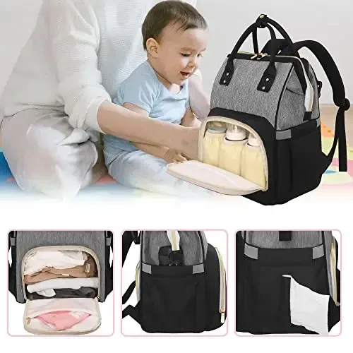 Femuar Diaper Bag Backpack Multifunction Maternity Nappy Baby Bag for Girls & Boys Large Capacity Travel Diaper Bags Black Gray - 4