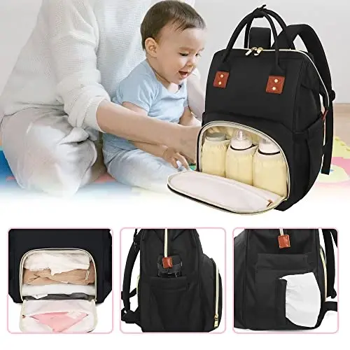 Femuar Diaper Bag Backpack Multifunction Maternity Nappy Baby Bag for Girls & Boys Large Capacity Travel Diaper Bags Dark Black - 4