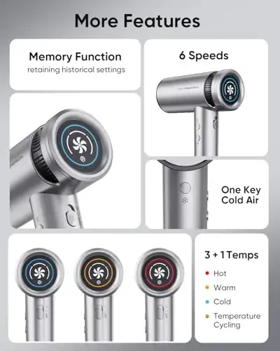 Hair Dryer - High-Speed 150,000 RPM Hairdryer for Fast Drying, 500Million Negative Ionic & Thermo-Control & Cool Shot Button & Lightweight & HD Display Blow Dryer with Magnetic Diffuser & Nozzle - 4