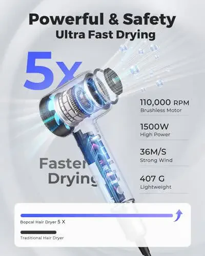 Фен - Ионная сушилка Bopcal с концентратором для всех типов волос, 110000 об/мин Высокоскоростная быстрая сушка Легкая и тихая, 200 миллионов отрицательных ионов Сушилка с терморегулятором (1500 Вт) - 4