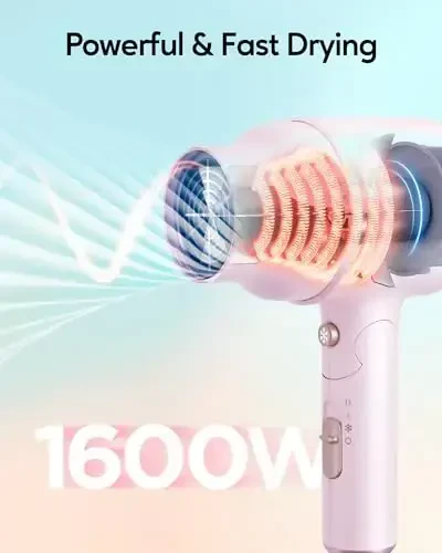 Фен Wavytalk с диффузором, мини-фен с складывающейся ручкой, тихий легкий фен мощностью 1600 Вт с диффузором, компактный дизайн, розовый белый - 3