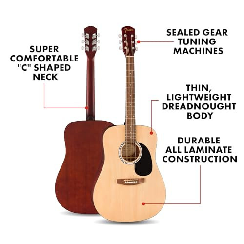 Fender FA-25 Dreadnought Akustik Gitar, Yeni Başlayanlar için Gitar, 2 Yıl Garantili, Ücretsiz Dersler Dahil, Doğal Renk - 2