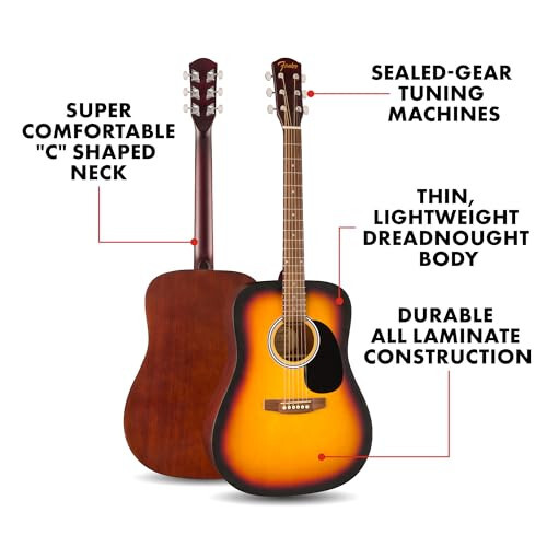 Fender FA-25 Dreadnought Akustik Gitara, Boshlanuvchilar uchun Gitara, 2 Yillik Kafolat bilan, Bepul Darslarni O'z ichiga oladi, Sunburst - 2