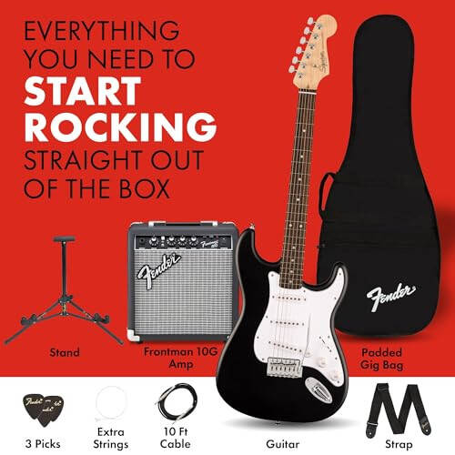 Fender Squier Debut Series Stratocaster Elektro Gitar Seti, Başlangıç Gitar Seti, 2 Yıllık Garantili, Yumuşak Gig Çantası, Frontman 10G Amfisi, Gitar Kayışı ve Dahasıyla, Ücretsiz Dersler Dahil, Siyah - 2