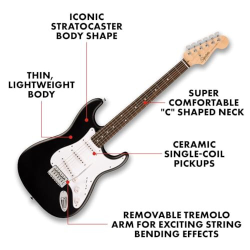 Fender Squier Debut Serisi Stratocaster Elektrik Gitara, Yangi Boshlanuvchilar Uchun Gitara, 2 Yillik Kafolat, Teginga Darslarni O'z Ichiga Olgan, Mat Qora Rangi - 2