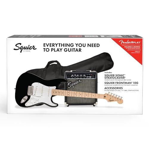 Fender tomonidan Squier elektr gitara to'plami, 2 yillik kafolat bilan, Sonic Stratocaster, qayin grifi, qora, to'poq korpusi, qayin bo'yni, paxta to'ldirilgan gitara xalta, Frontman 10G Amp, gitara kamar va boshqalar - 7