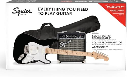 Fender tomonidan Squier elektr gitara to'plami, 2 yillik kafolat bilan, Sonic Stratocaster, qayin grifi, qora, to'poq korpusi, qayin bo'yni, paxta to'ldirilgan gitara xalta, Frontman 10G Amp, gitara kamar va boshqalar - 1