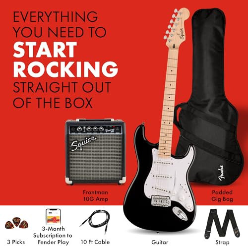 Fender tomonidan Squier elektr gitara to'plami, 2 yillik kafolat bilan, Sonic Stratocaster, qayin grifi, qora, to'poq korpusi, qayin bo'yni, paxta to'ldirilgan gitara xalta, Frontman 10G Amp, gitara kamar va boshqalar - 2