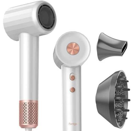 Фенго Фен для волос с диффузором на высокой скорости, профессиональный фен 110,000 об/мин, бесщеточный двигатель для быстрой сушки, 1500 Вт, 4 температуры / 2 скорости, фен с термоконтролем для женщин, для дома и путешествий (белый) - 1