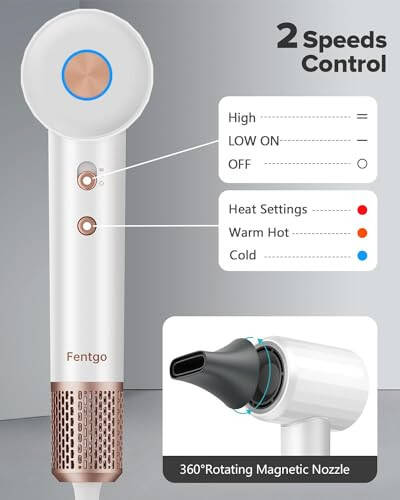 Fentgo High Speed Ionic Hair Dryer with Diffuser, Professonal Blow Dryer 110,000 RPM Brushless Motor for Fast Drying, 1500W 4Temps /2Speeds, Thermo-Control Hairdryer for Women Home Travel (White) - 4