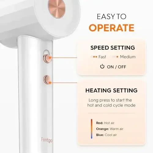 Fentgo Ionic Hair Dryer, Professional High Speed Blow Dryer with Brushless Motor for Fast Drying, Low Noise, Lightweight, Thermo-Control Bowdryer for Women Home (White) - 6