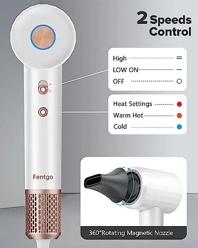 FENTGO Negative Ionic High Speed Hair Dryer, Professional Brushless Blow Dryer with Diffuser for Fast Drying, 2 Speeds & 4 Temps Thermo-Control, Lightweight & Quiet Hairdryer for Home & Travel - 2
