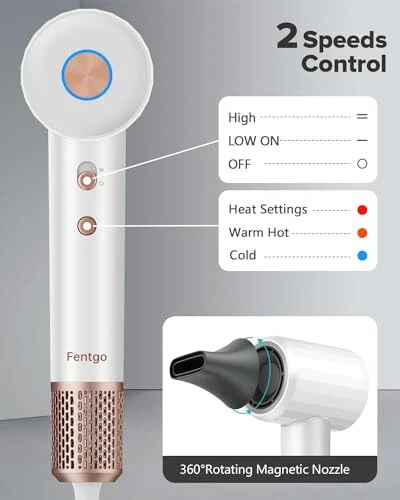 FENTGO Negative Ionic High Speed Hair Dryer, Professional Brushless Blow Dryer with Diffuser and Nozzle for Fast Drying, 2 Speeds & 4 Temps Thermo-Control, Lightweight & Quiet for Home & Travel - 4