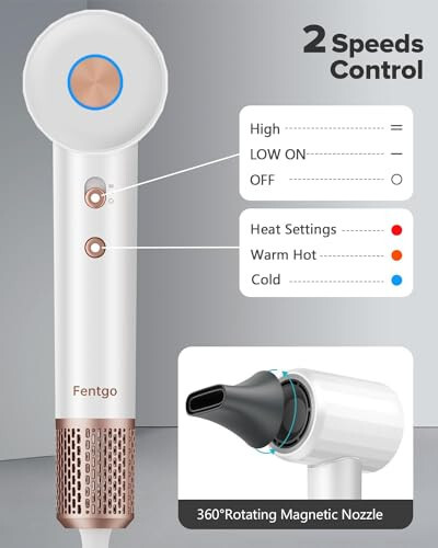 Fentgo Yüksek Hızlı İyonik Saç Kurutma Makinesi Dağıtıcı ile, Profesyonel Saç Kurutma Makinesi 110.000 RPM Fırçasız Motor Hızlı Kurutma için, 1500W 4Sıcaklık / 2Hız, Kadınlar için Termo Kontrollü Saç Kurutma Makinesi Ev Seyahat (Beyaz) - 4