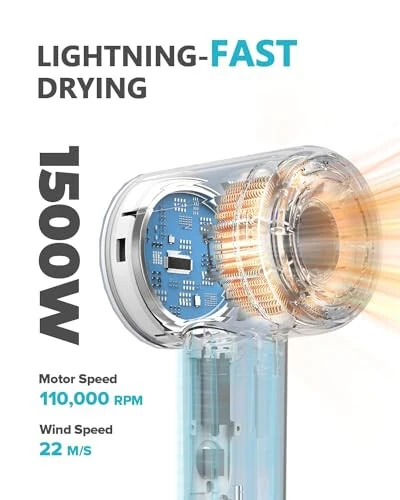 Fentgo yuqori tezlikdagi ionli soch quritgich, diffuzor bilan, 110.000 aylanish tezligida professional fen, tez quritish uchun fırchasiz motor, 1500W 4 temperatura /2 tezlik, ayollar uchun uy va sayohatlar uchun termo nazoratli fen (oq) - Fentgo (1)