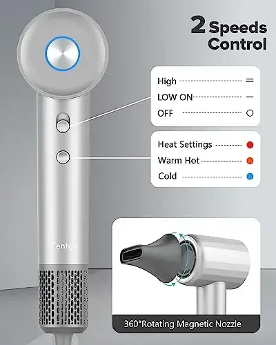 Fentgo Yuqori tezlikdagi ionli soch quritgich diffuzor bilan, Professional soch quritgich 110 000 RPMD tez qurish uchun, 1500W 4 harorat / 2 tezlik, Ayollar uchun termo-nazorat qilinadigan soch quritgich (Tarvuz pushti) - Fentgo (1)