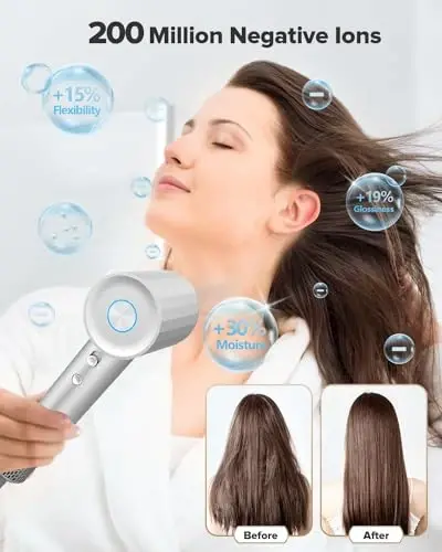 Fentgo yuqori tezlikdagi ionli soch quritgich, Professional Blow Dryers 110,000 RPM cho'tkasiz vosita tezkor quritish uchun, 1500W 4Temps / 2 tezlik, termo boshqariladigan soch quritgich ayollar uchun uy sayohati (kulrang) - 2