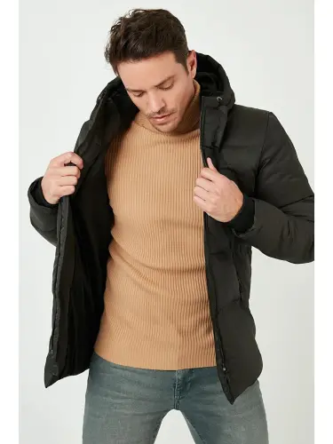 Haki Fermuar Kapama Slim Fit Kapüşonlu Dik Yaka Erkek Şişme Mont 5717101-Haki - 3