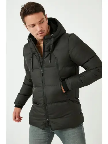 Haki Fermuar Kapama Slim Fit Kapüşonlu Dik Yaka Erkek Şişme Mont 5717101-Haki - 4