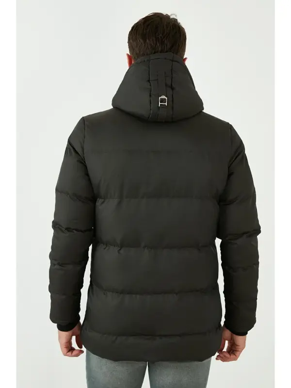 Haki Fermuar Kapama Slim Fit Kapüşonlu Dik Yaka Erkek Şişme Mont 5717101-Haki - 5