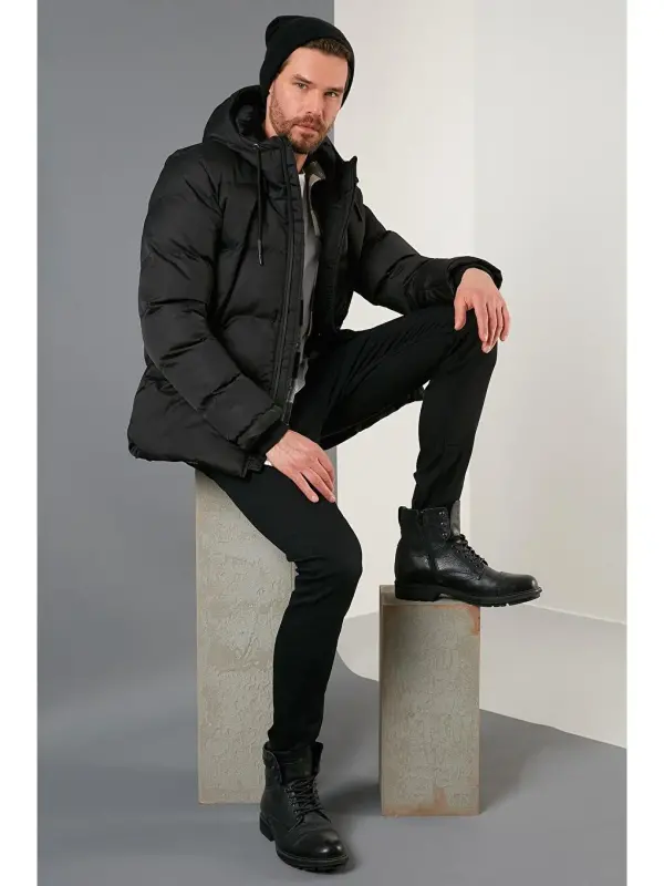 Siyah Fermuar Kapama Slim Fit Kapüşonlu Dik Yaka Erkek Şişme Mont 5717101-Siyah - 1