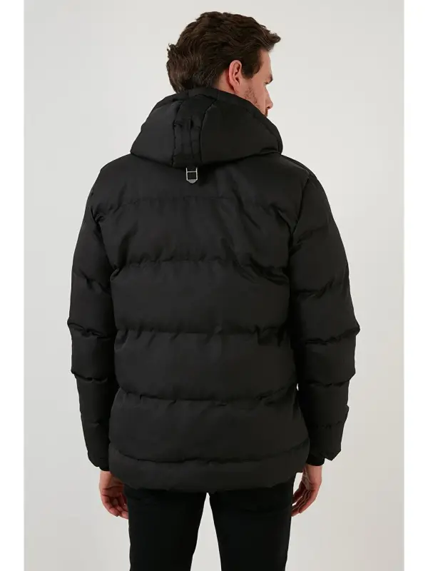 Siyah Fermuar Kapama Slim Fit Kapüşonlu Dik Yaka Erkek Şişme Mont 5717101-Siyah - 5