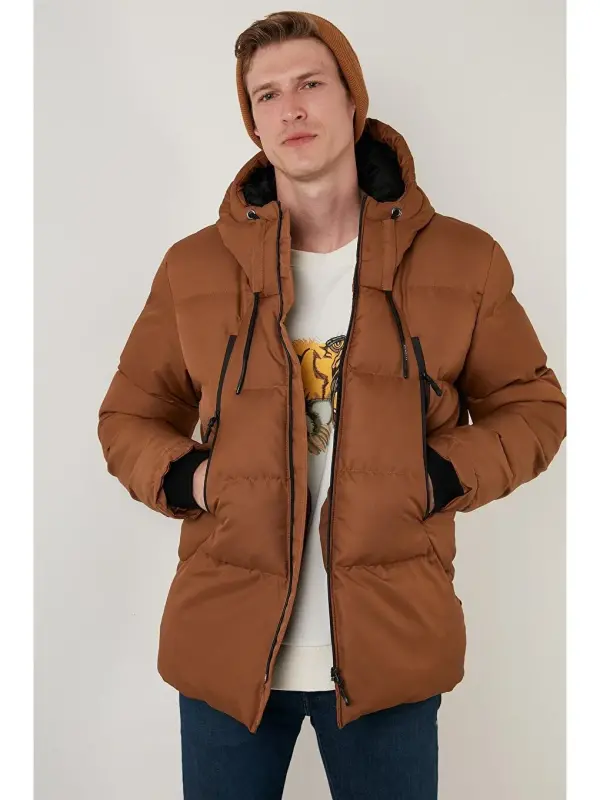 Kahverengi Fermuar Kapama Slim Fit Kapüşonlu Dik Yaka Şişme Mont 5717101-Kahverengi - LC WAIKIKI