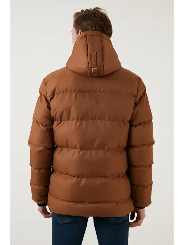 Kahverengi Fermuar Kapama Slim Fit Kapüşonlu Dik Yaka Şişme Mont 5717101-Kahverengi - 6