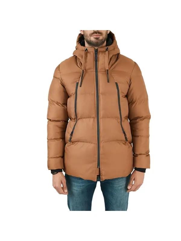 Kahverengi Fermuar Kapama Slim Fit Kapüşonlu Dik Yaka Şişme Mont 5717101-Kahverengi - 7