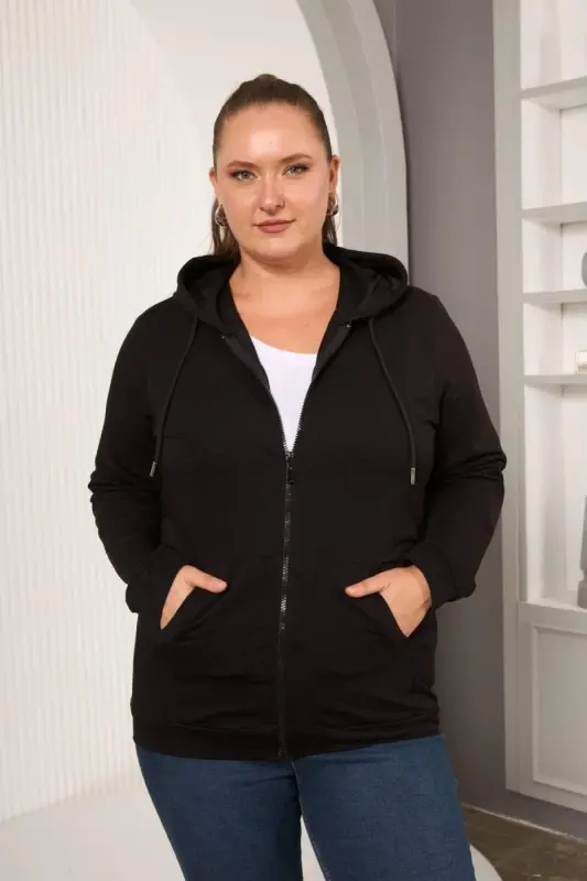 Fermuar Tafsilotli Katta O'lchamdagi Qora Sport Ko'ylagi - BÜYÜKBEDENIZ