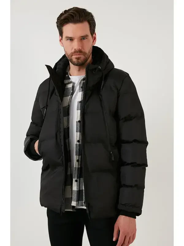 Fermuar yopish Slim Fit Kapüşonli Tik Yoqali Erkaklar Mont 5717101-Qora - 3