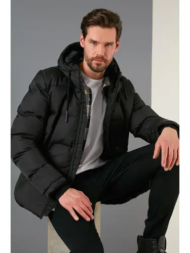 Fermuar yopish Slim Fit Kapüşonli Tik Yoqali Erkaklar Mont 5717101-Qora - 7