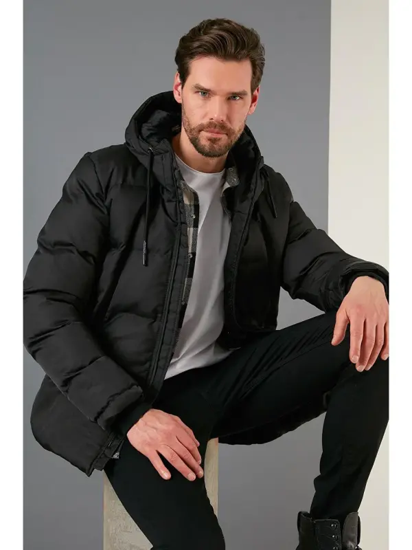 Fermuar yopish Slim Fit Kapüşonli Tik Yoqali Erkaklar Mont 5717101-Qora - 7