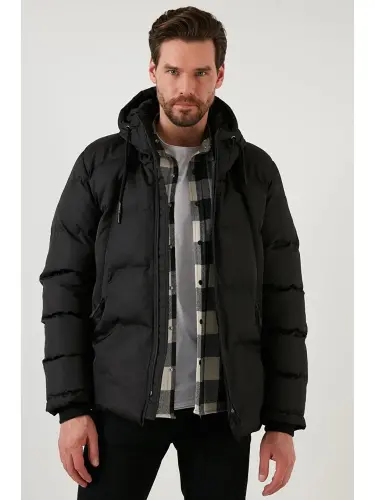 Fermuar yopish Slim Fit Kapüşonli Tik Yoqali Erkaklar Mont 5717101-Qora - 8