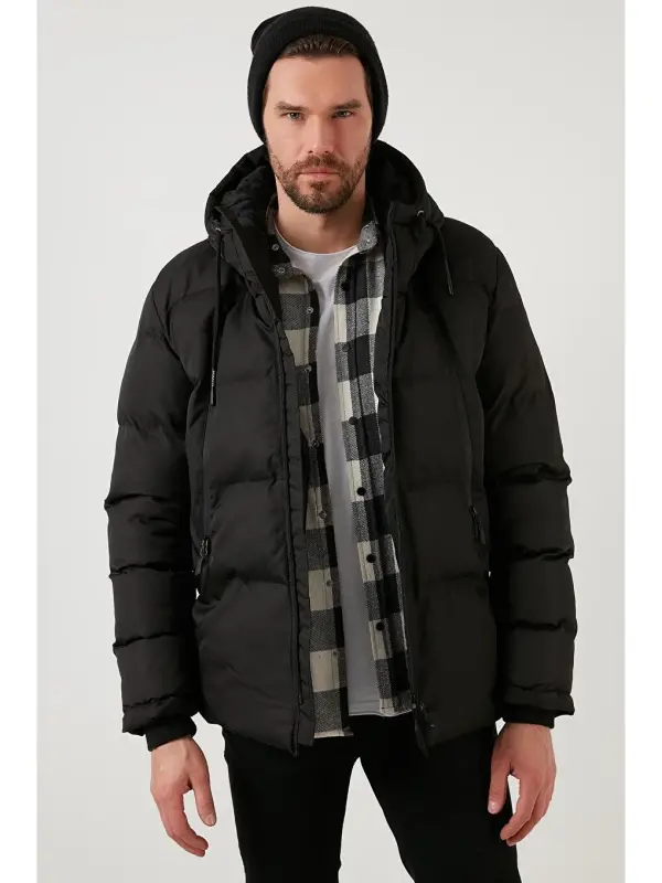 Fermuar yopish Slim Fit Kapüşonli Tik Yoqali Erkaklar Mont 5717101-Qora - 2